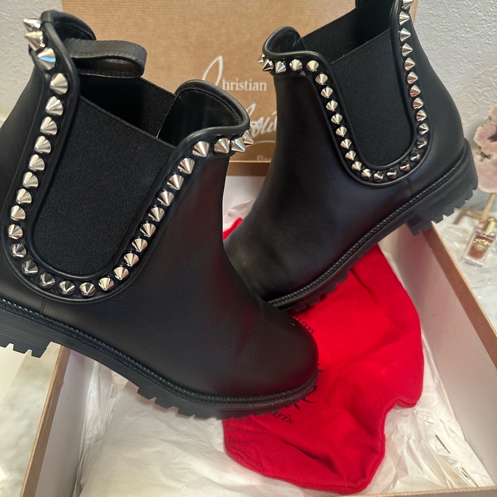 Christian Louboutin Black Leather Studded Chelsea Booties